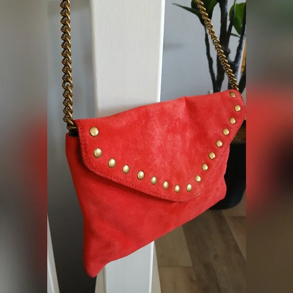 J.Crew Studded Red Suede leather Envelope clutch with chain - Picture 2 of 6